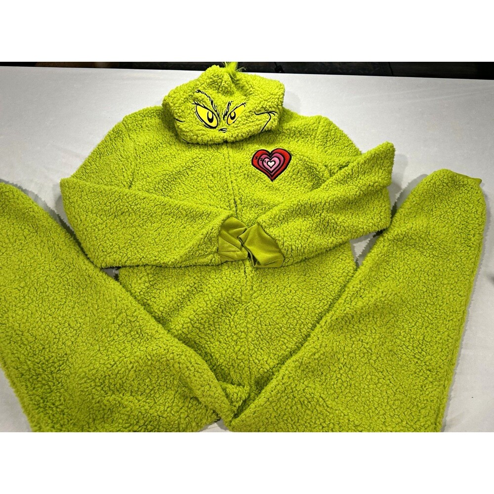 Dr. Seuss Grinch Kids XL 14/16 Hooded One Piece Pajamas Green Fleece One piece